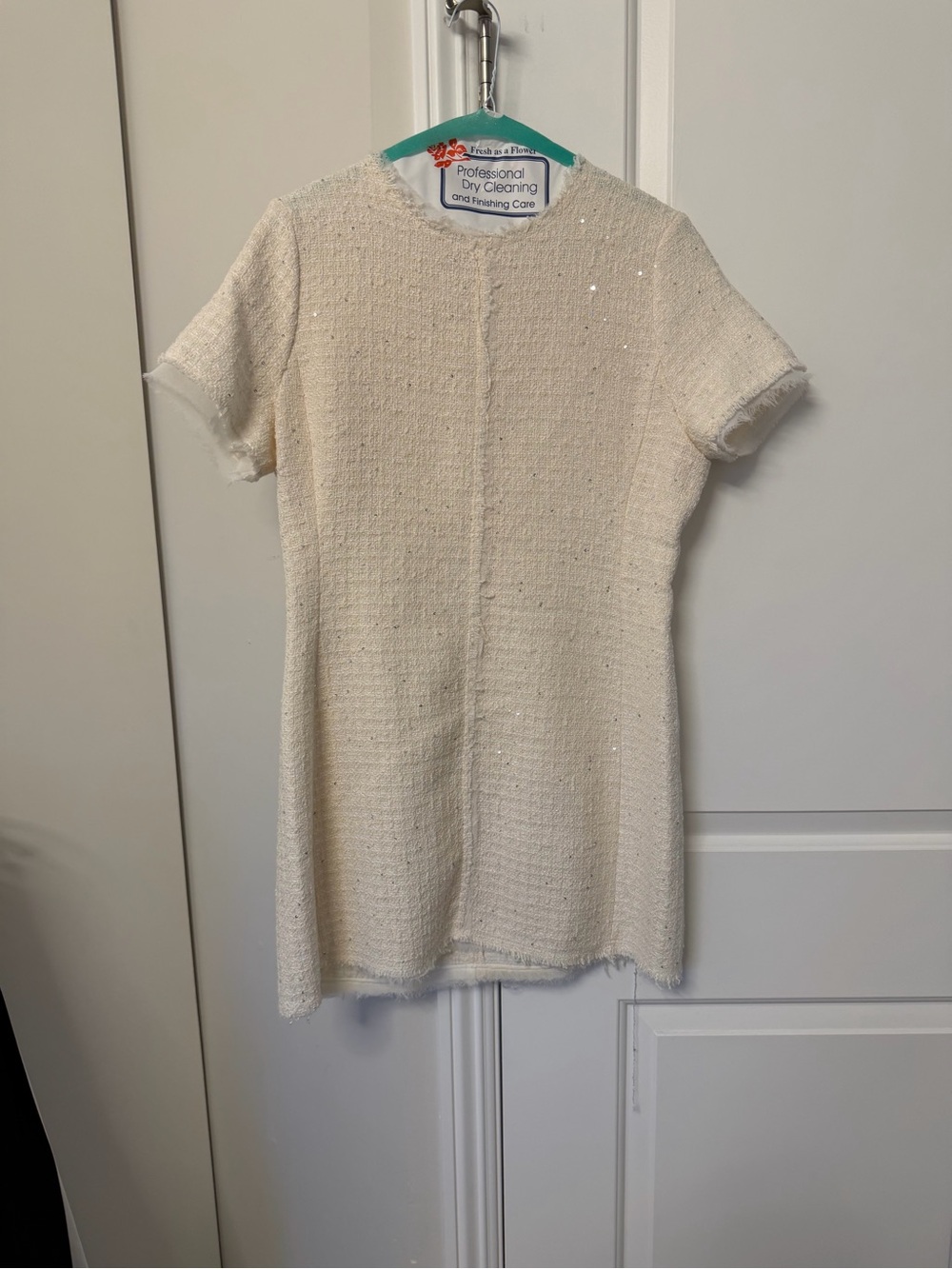 Zara Cream Short-Sleeve Tweed Dress with Subtle Sparkle
